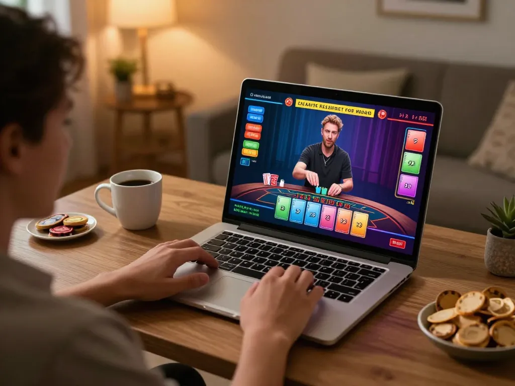 Engaging in online blackjack at home using ga888n platform, with live dealer and cards displayed.