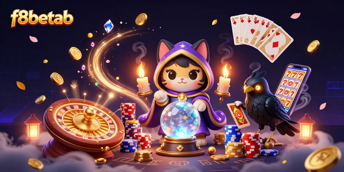 Win big with f8betab's vibrant casino illustration featuring mystical characters and game elements.