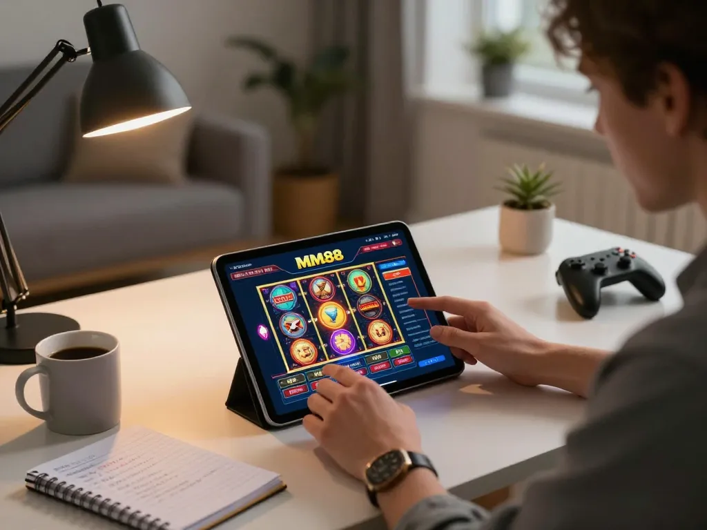 Player exploring online gaming opportunities on the MM88 casino app from a cozy home workspace