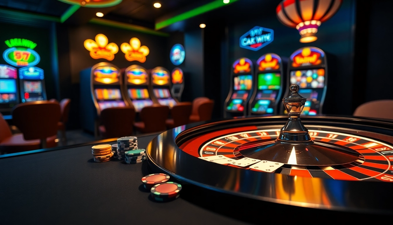 Play exciting games at 55WW, featuring a luxurious casino setup with colorful slot machines and vibrant gambling elements.
