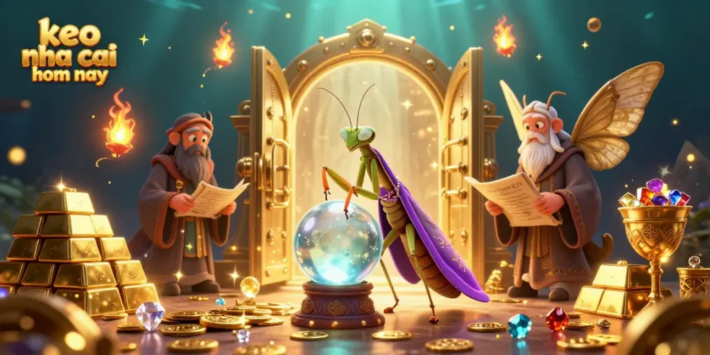 Experience keo nha cai hom nay with a vibrant 3D illustration of a fortune teller and a librarian, surrounded by treasures.