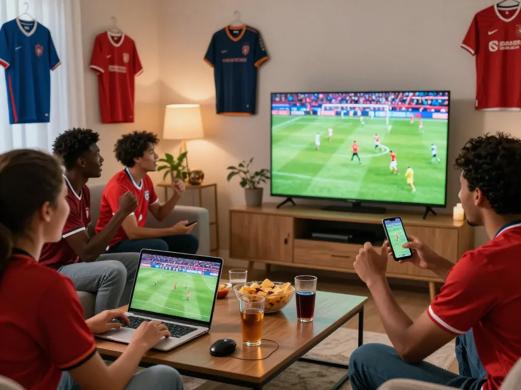 Fans enjoying live football on lương sơn tv in a lively living room setting