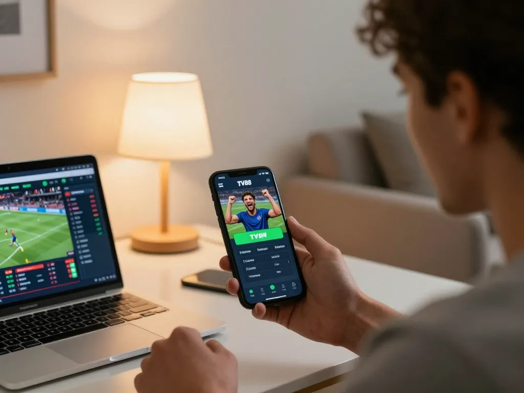 tv88 app showing winning bet notification on smartphone in cozy home betting environment