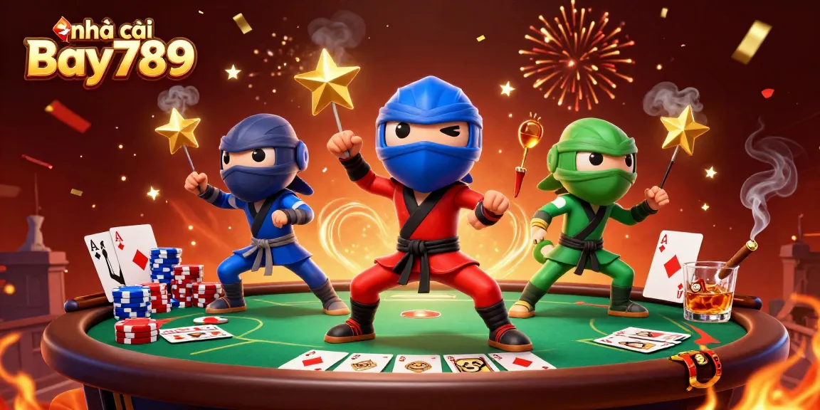 Engage with exciting gaming at nhà cái Bay789, featuring vibrant 3D ninja characters showcasing thrilling poker action.