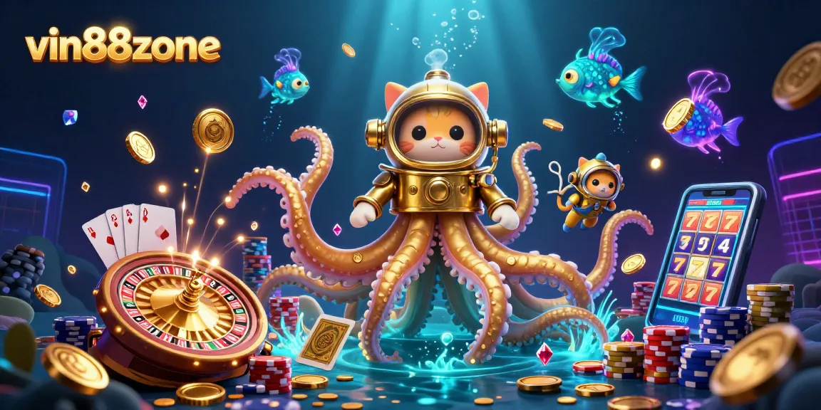 Experience the excitement of vin88zone with a lively underwater casino scene featuring a kraken and a diving cat.