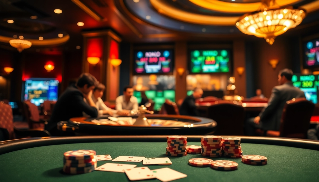 A dynamic poker game highlighting trust in Nhà cái uy tin, featuring chips, cards, and vibrant casino atmosphere.