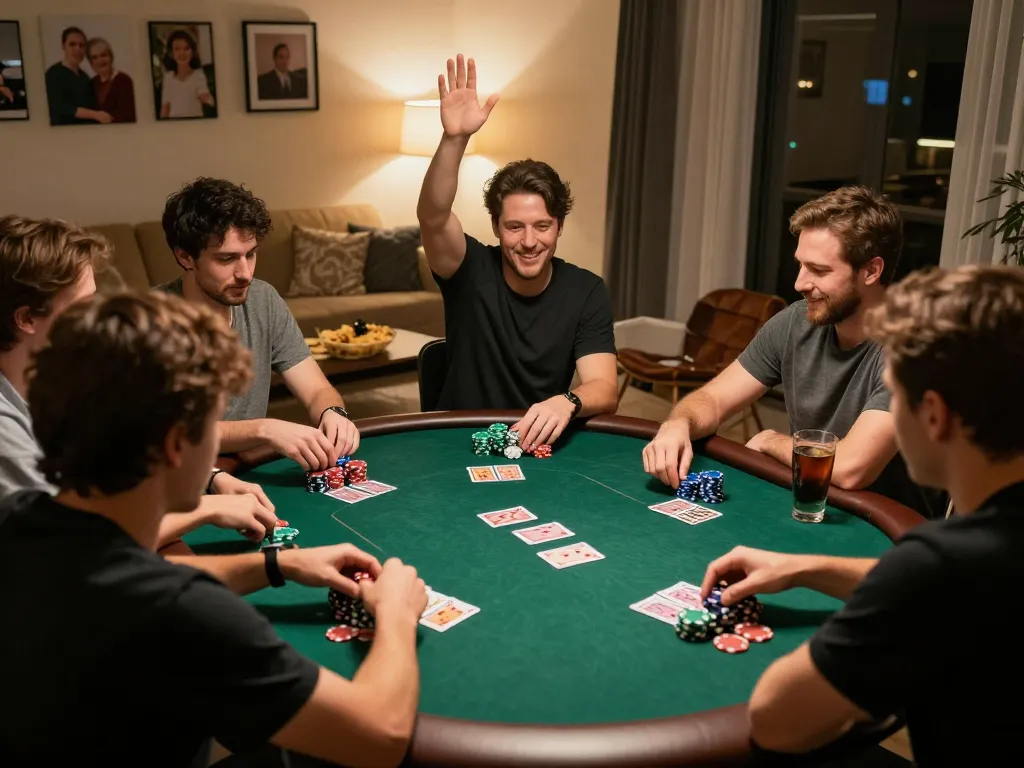 CM88 players enjoying a lively poker night at home, chips stacked high, capturing strategy and excitement.
