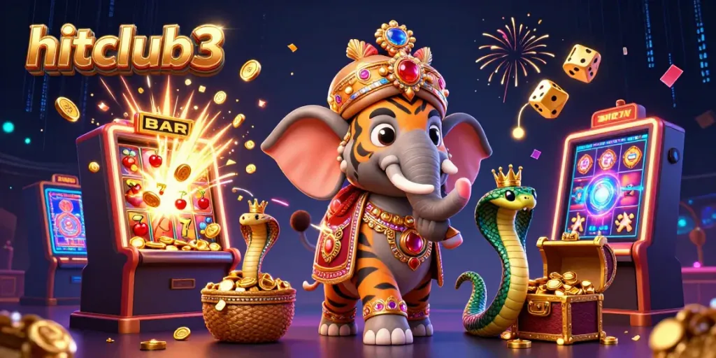 Experience the excitement of hitclub3 with a vibrant 3D scene showcasing a maharaja tiger, elephant, and casino elements.