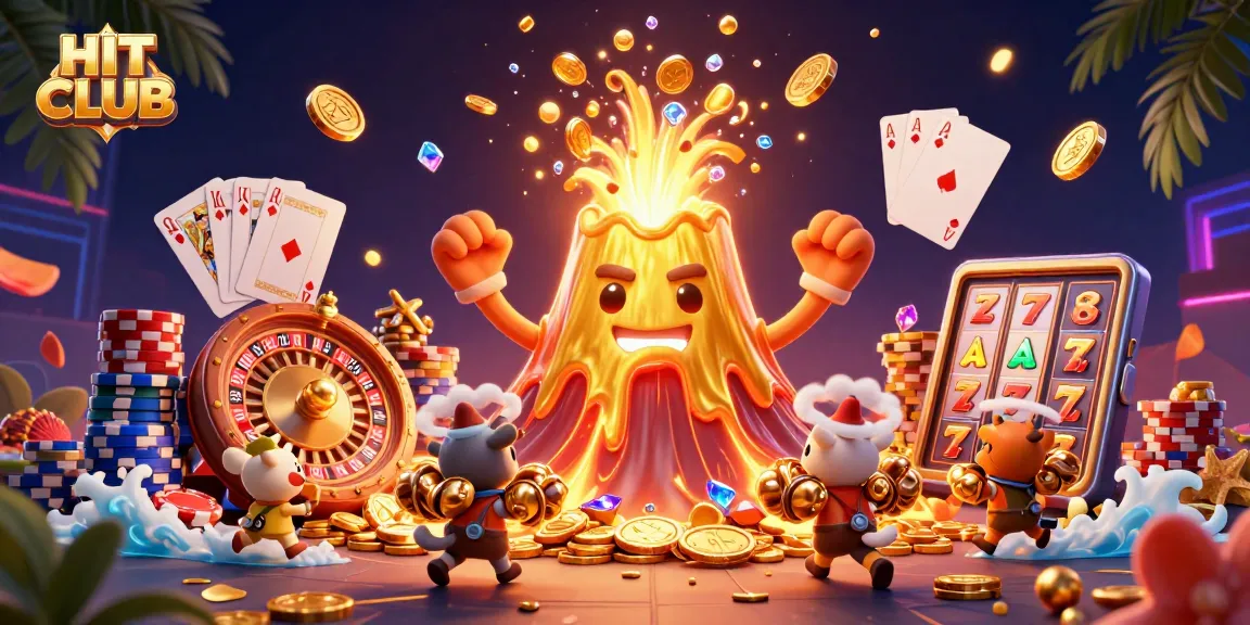 HIT CLUB showcases energetic gameplay with a triumphant volcano bursting coins and treasures.