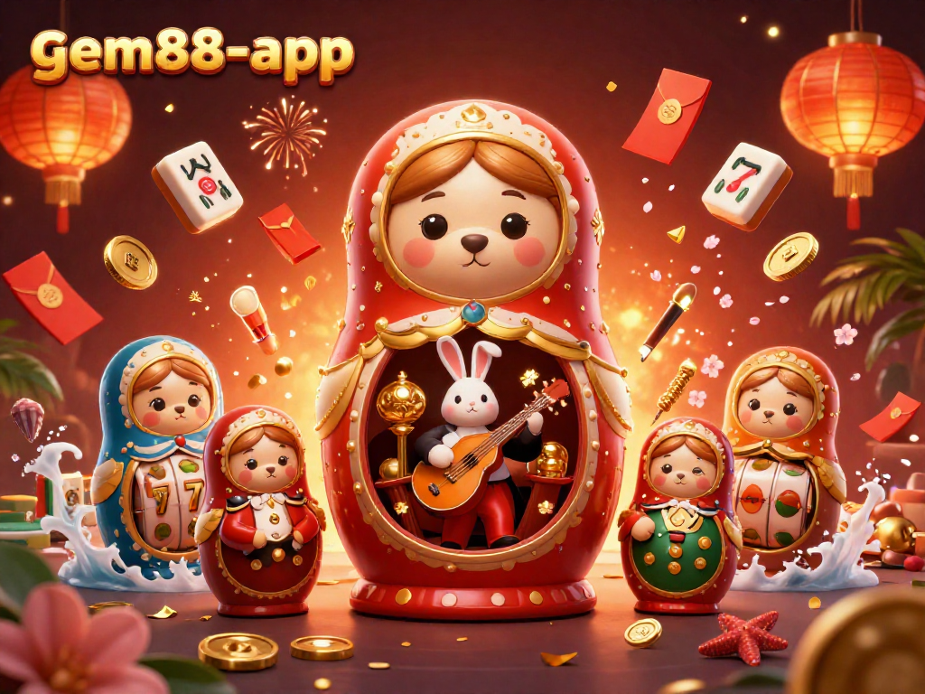 Engage with gem88-app’s vibrant casino scene featuring animated characters and festive casino symbols.