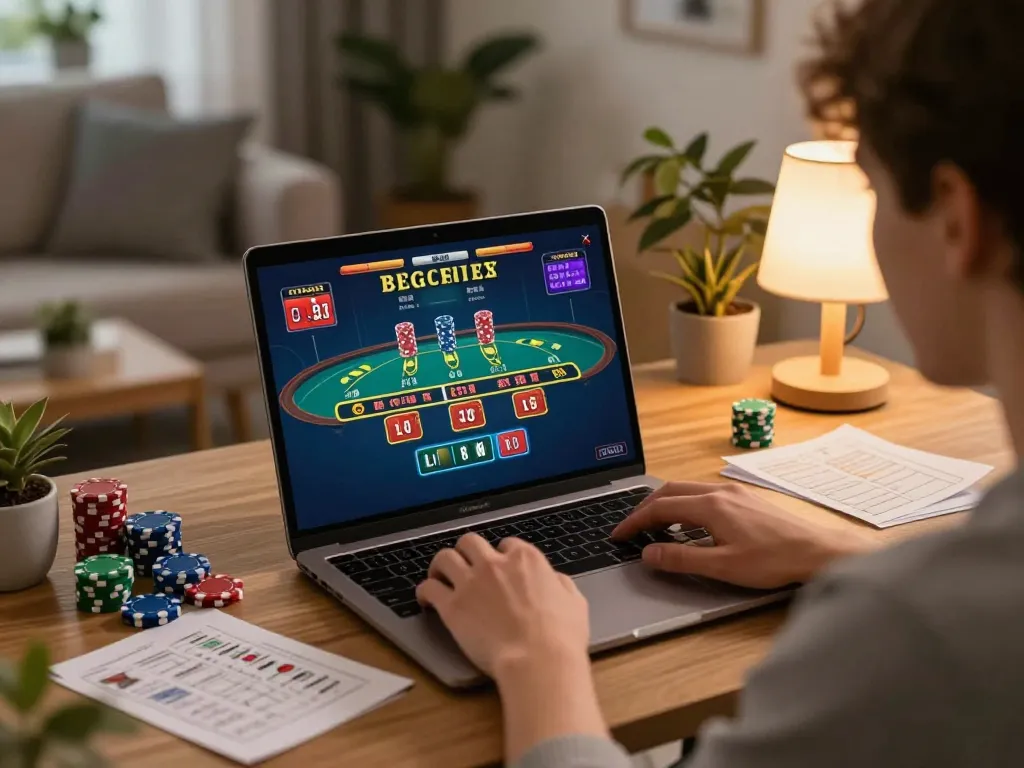 Engaging in online live dealer game at home, maximizing RR99 gaming strategy with vibrant atmosphere.