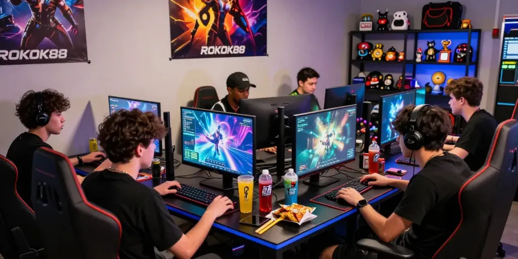 ROKOK88 gaming session showcasing players engaged with vibrant graphics, promoting digital literacy and safe gaming.