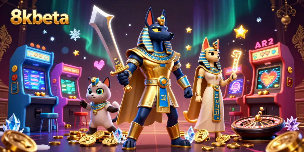 Immerse in 8kbeta with vibrant visuals of Anubis, Bastet, and casino elements in this artistic gaming scene.