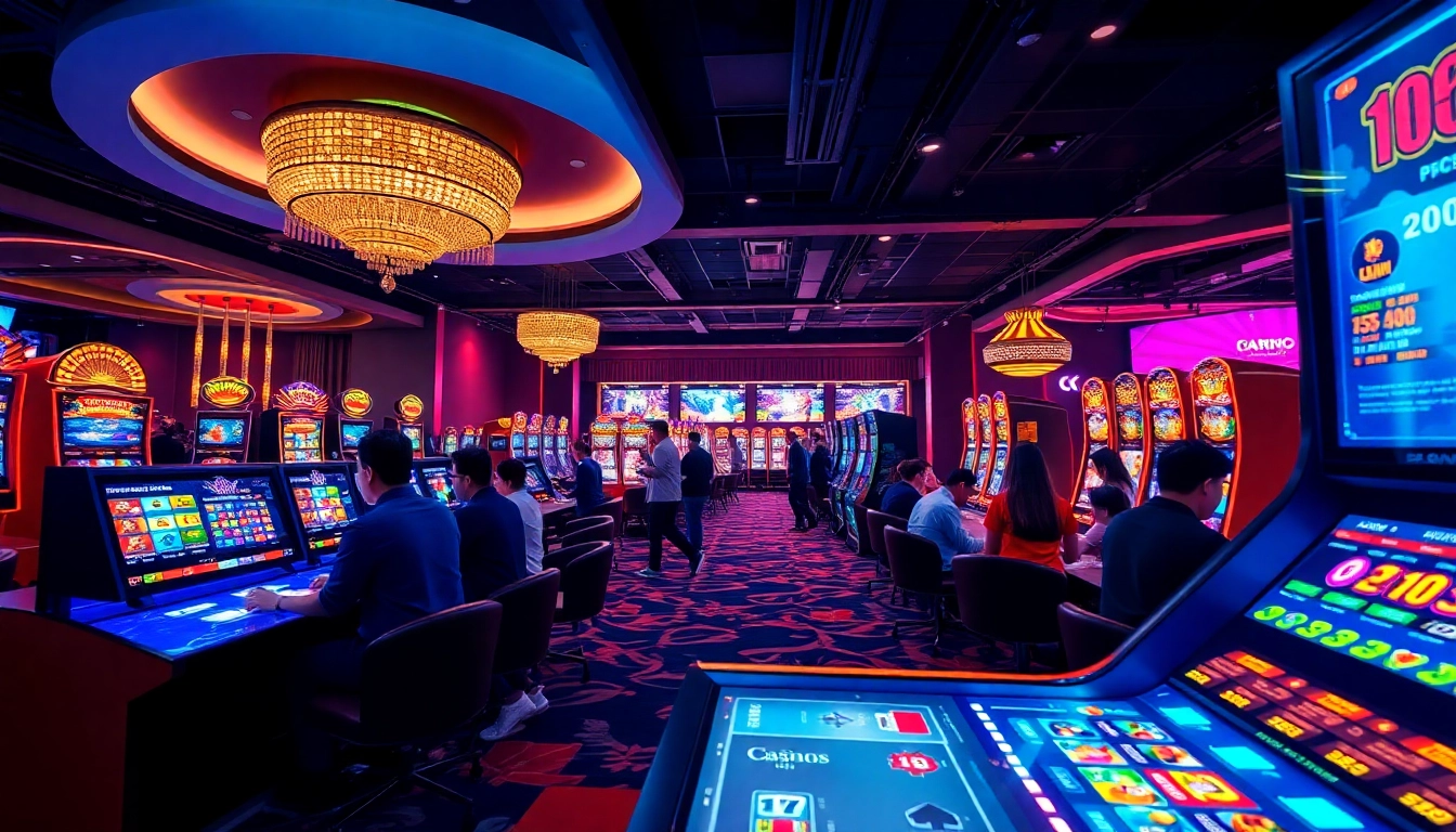 Exciting gaming atmosphere at 98win online casino, showcasing live dealers and vibrant slots.