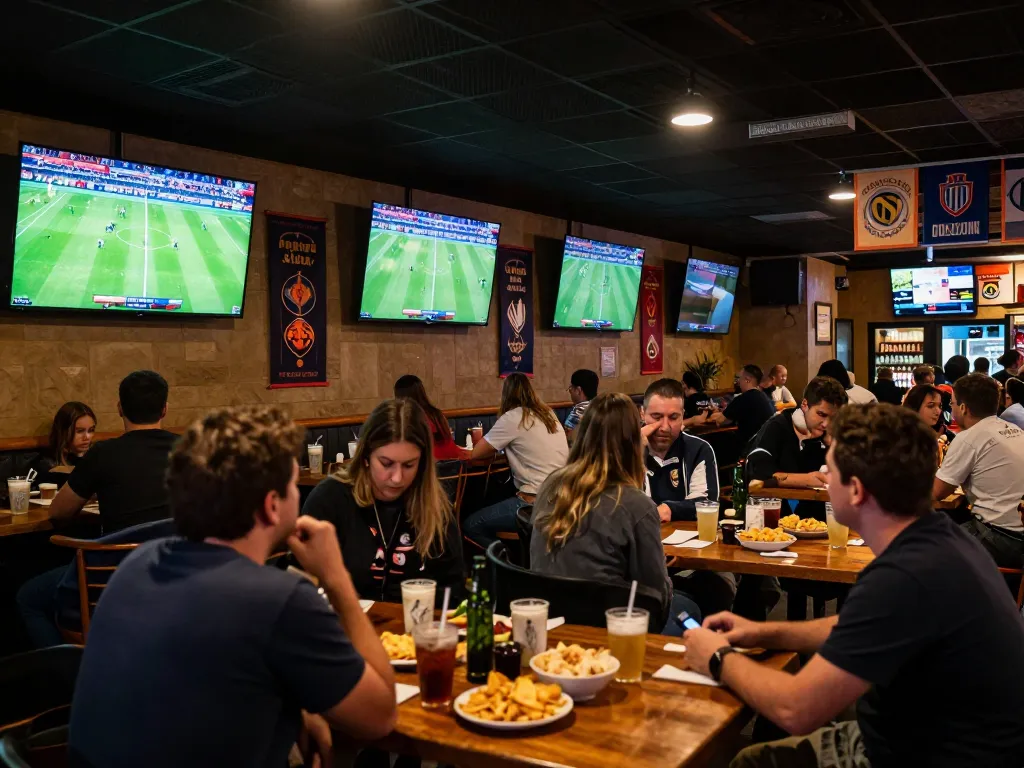 Socolive users engaging with live football streaming in a lively sports bar environment.