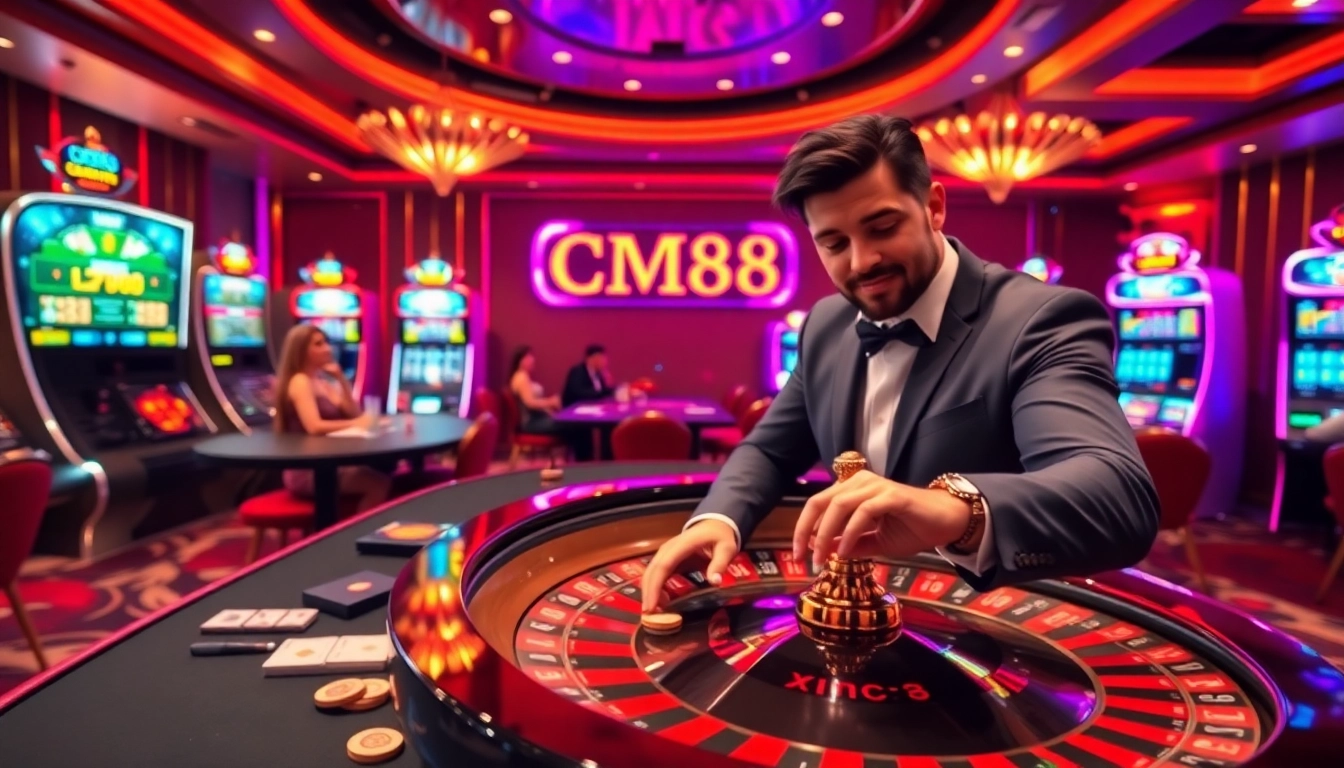 Experience the excitement of CM88 casino gaming with poker chips and roulette.