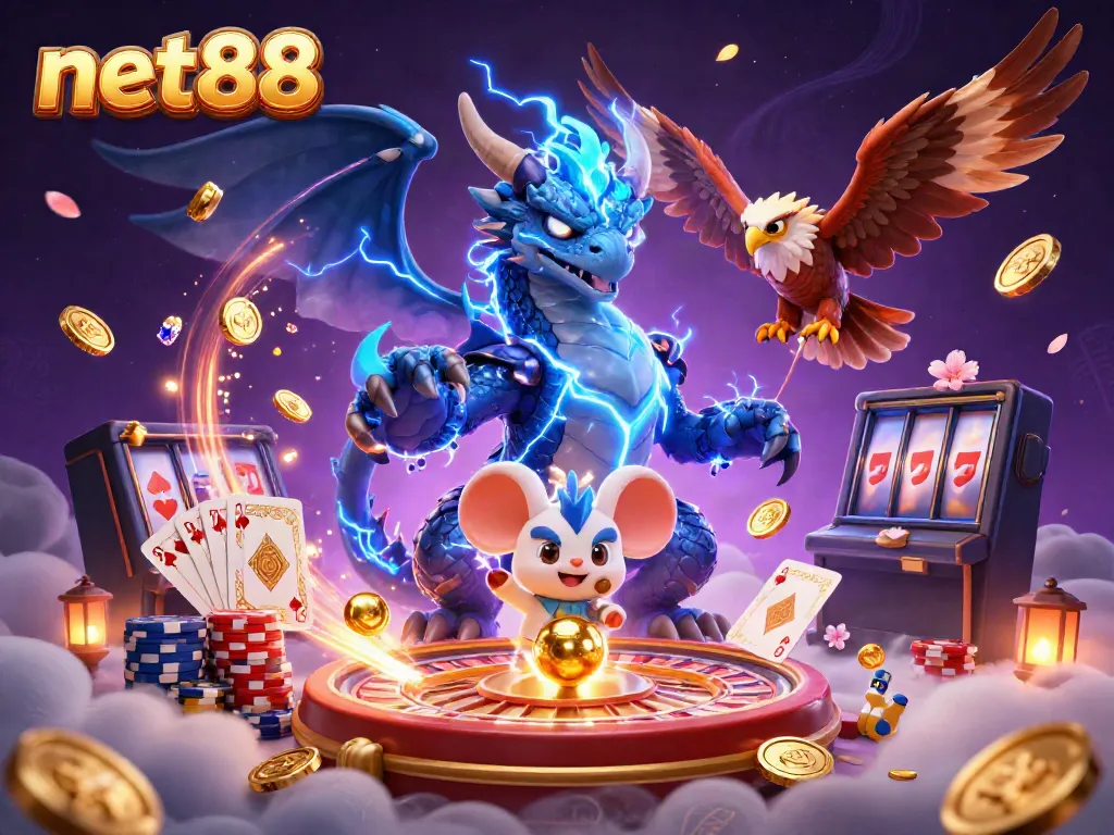 Engage with net88's thrilling casino experience showcasing vibrant creatures amidst dynamic gaming elements.