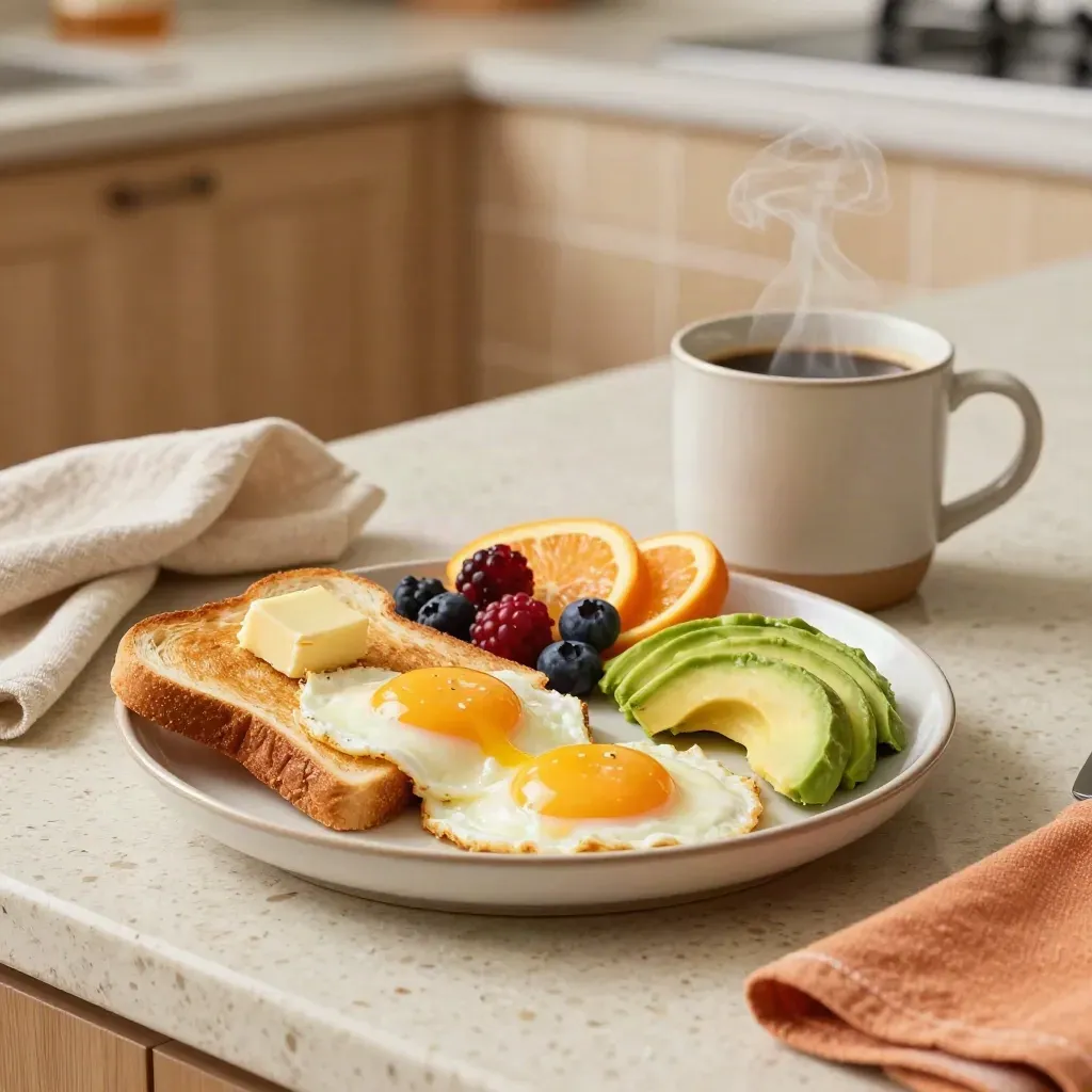 Snídaně na světlé kuchyňské lince: toast, vejce, avokádo, ovoce a stoupající káva.