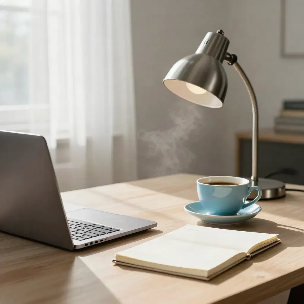 Zavřený notebook, blok, šálek kávy a stolní lampa na světlém stole u okna.