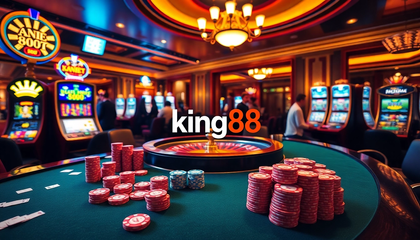 Players engage at a vibrant casino scene showcasing king88's thrilling gambling atmosphere.