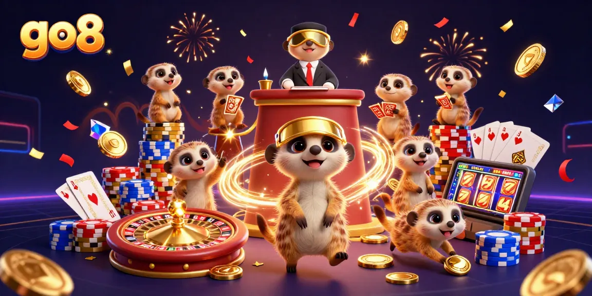 Engage in thrilling gameplay at GO8, with meerkats managing a vibrant casino surrounded by dazzling chips and gold.