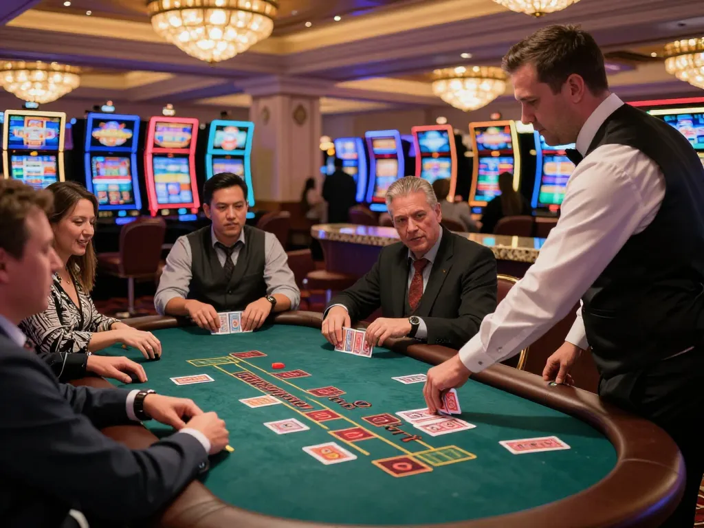 Players enjoy blackjack at https://five88.miami/ with dealer presenting cards in a upscale Vegas casino
