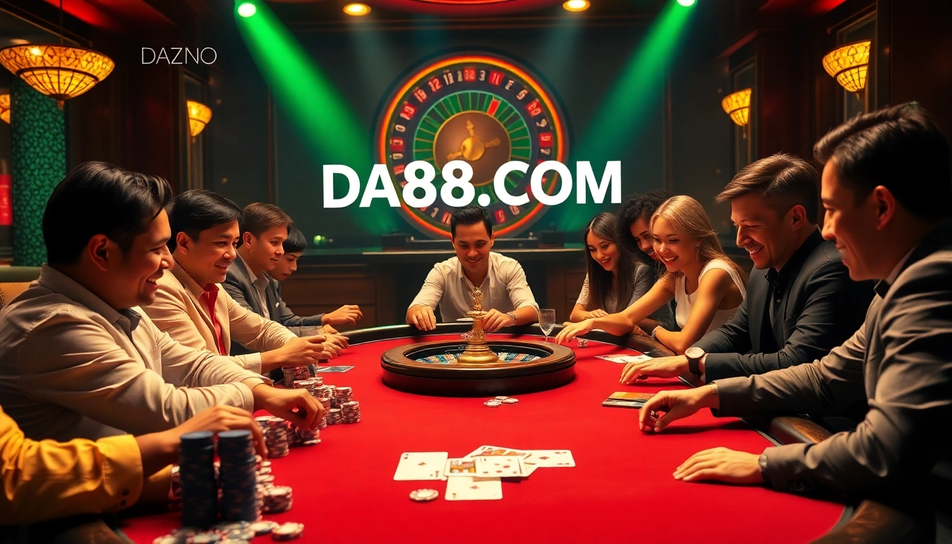 Players strategize and play at DA88.COM's luxurious poker table, showcasing excitement and wealth.