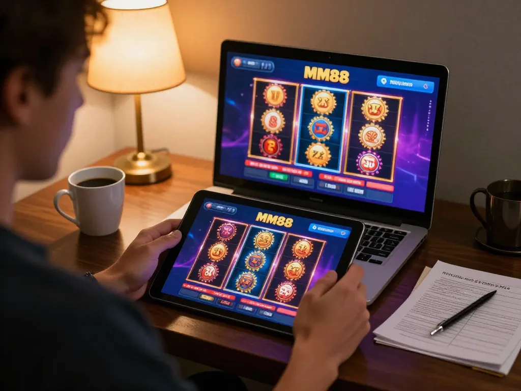 Engaging in online gaming on MM88 platform with a cozy home setup and strategic notes.