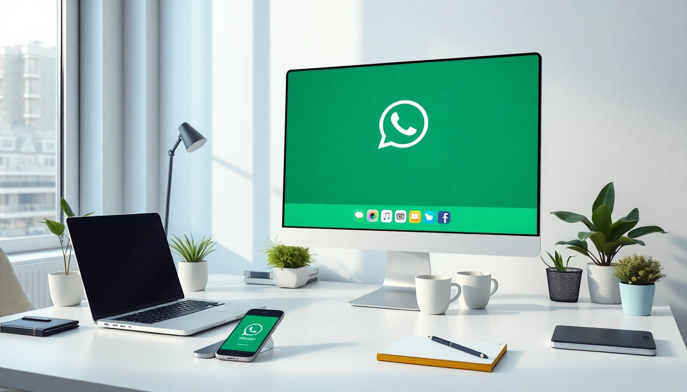 WhatsApp网页版 interface showcased on a computer screen in a modern workspace.