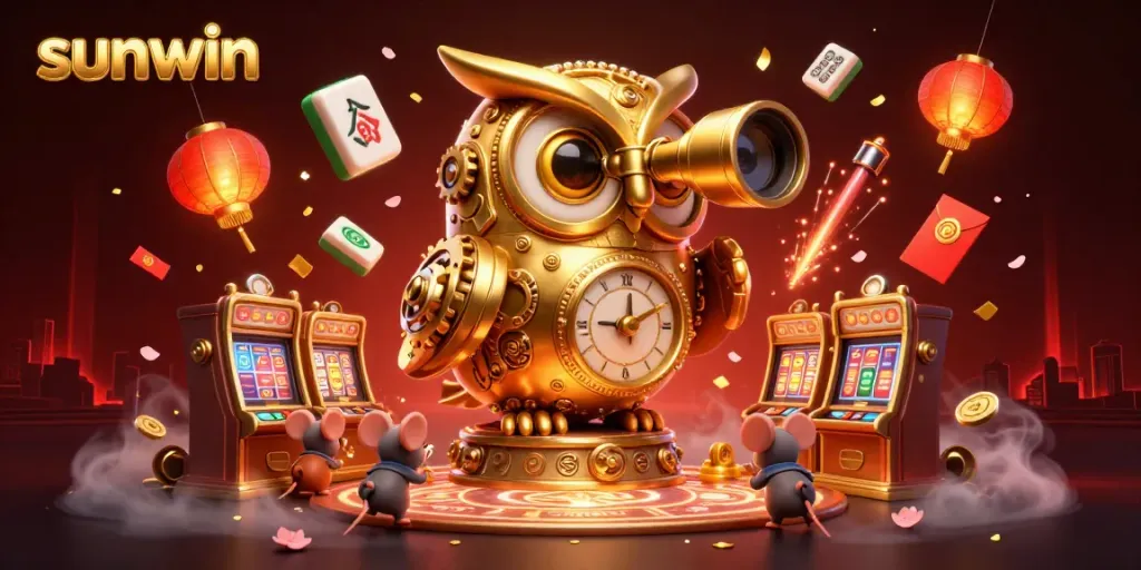 Experience the thrilling action of sunwin with a cartoon owl overseeing a bustling casino floor, vibrant game elements surrounding it.