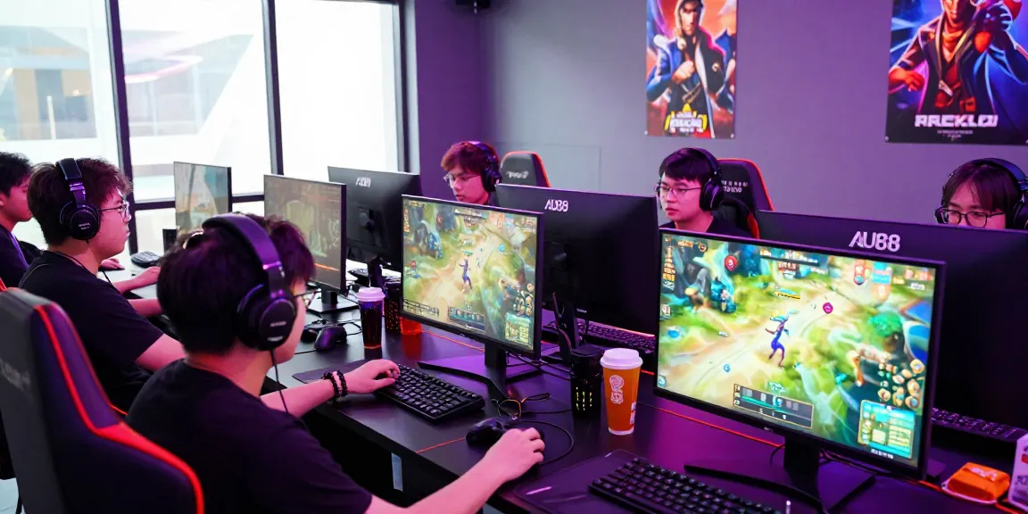 Exciting e-sports scene with players enjoying khuyến mãi au88 promotions in vibrant gaming lounge.