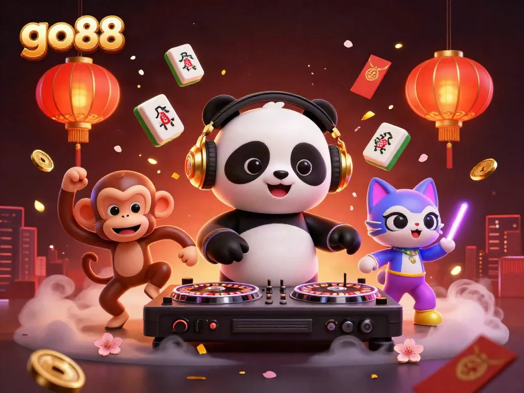 Experience the excitement of go88 with a vibrant casino-themed dance party illustration.