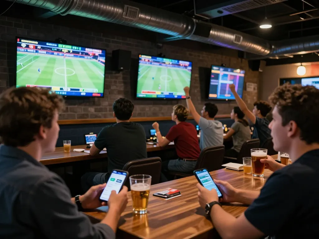 Exciting sports betting atmosphere at 33win, patrons cheering while using betting apps.
