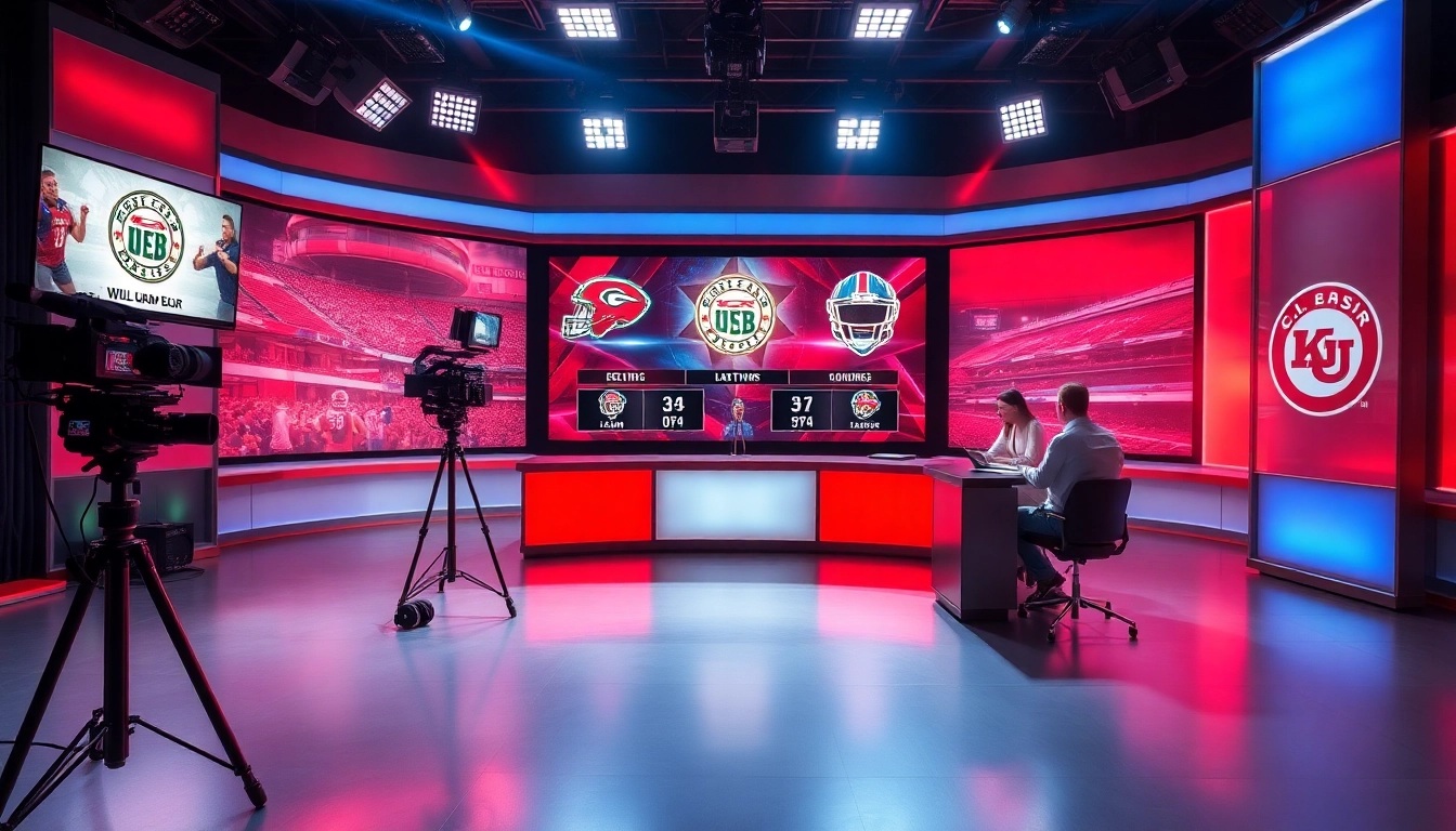 Engaging hosts in a professional sports broadcasting studio presenting thrilling events.