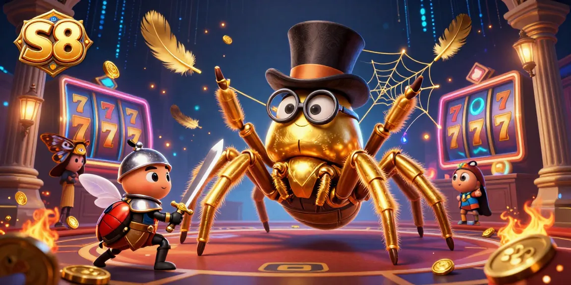 Engage with S8's golden tarantula weaving a jackpot web in a lively casino scene.