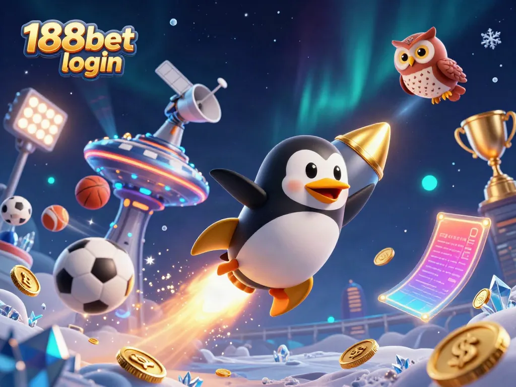 Experience the thrill of 188bet login with a golden penguin and dynamic sports elements in a vibrant casino space.