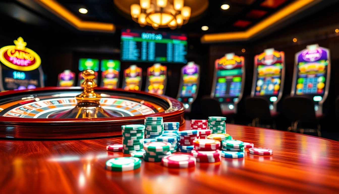 Experience the thrill of one net88 with vibrant poker chips and an elegant roulette wheel in a luxurious casino.