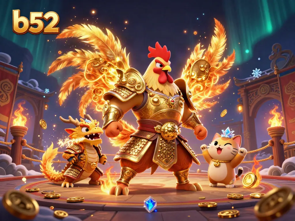 Experience the excitement of b52 with a dynamic casino scene featuring a rooster warrior and dragon.