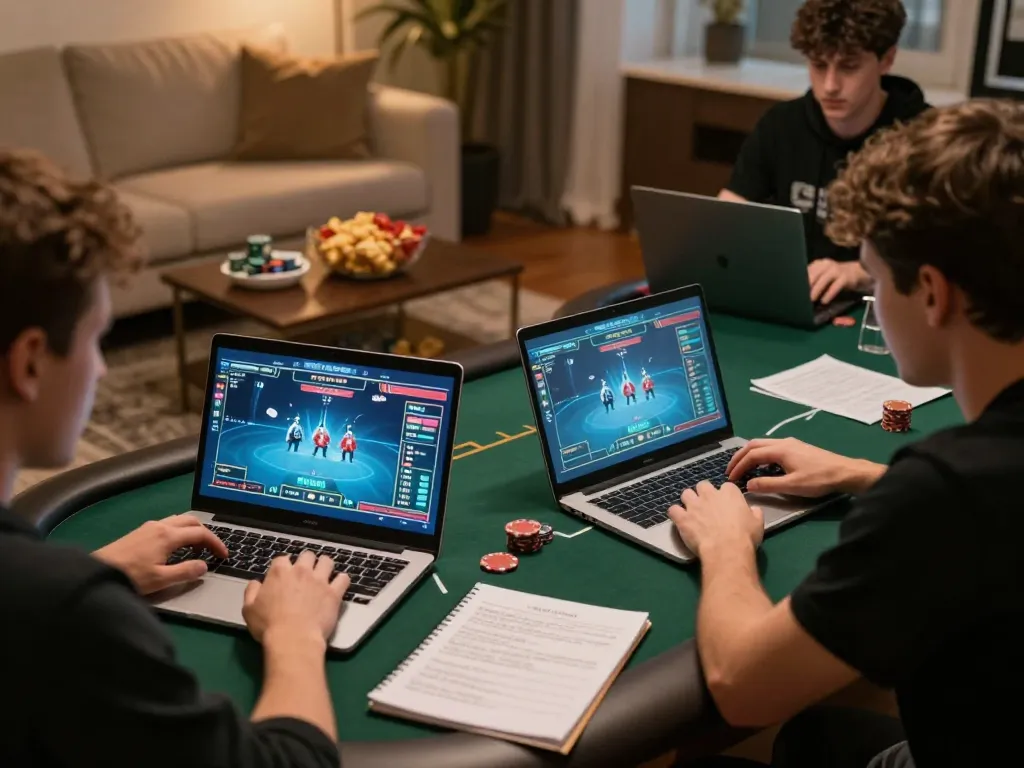 Engaging online poker gameplay at xx88, highlighting players' strategies with cozy home atmosphere.