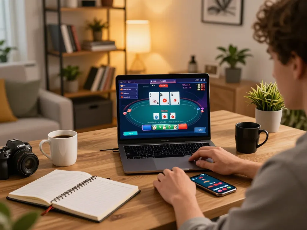 Player enjoying RR88 poker game on laptop at stylish home office, showcasing modern gaming setup