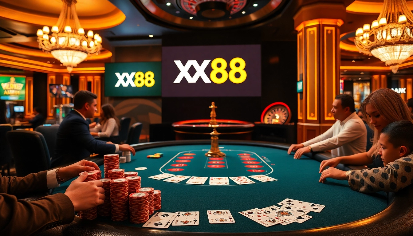 Players enjoying a high-stakes poker game at XX88 Casino, showcasing vibrant casino elements.
