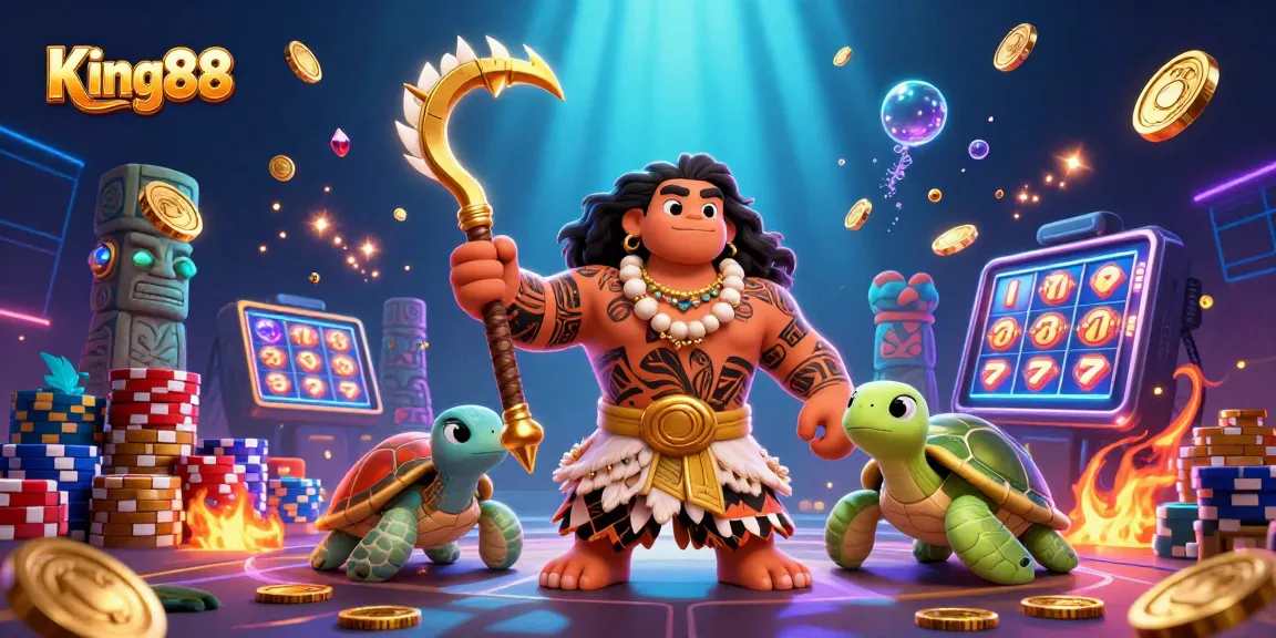 Engage with thrilling action at King88 featuring a dynamic scene of a demigod and turtle in a vibrant casino.