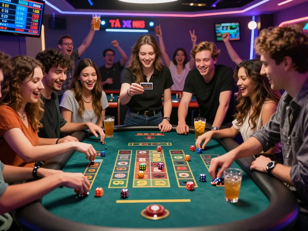 Exciting group of friends playing tài xỉu md5 with colorful dice and digital scoreboard in a vibrant atmosphere.