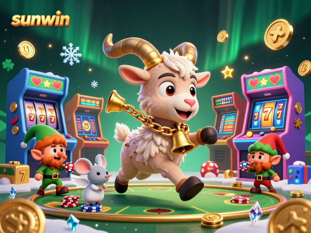 sunwin casino scene with Krampus goat and festive elements, showcasing vibrant slot games.