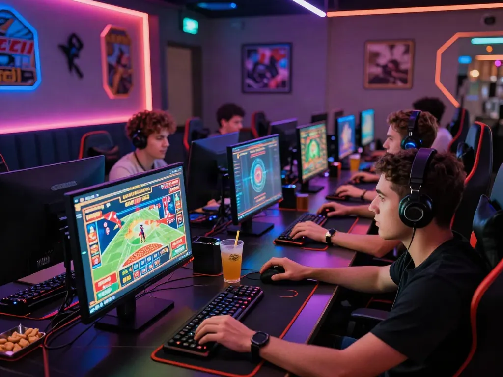 Enthusiastic players engaging with man88 online gaming platform in a vibrant lounge.