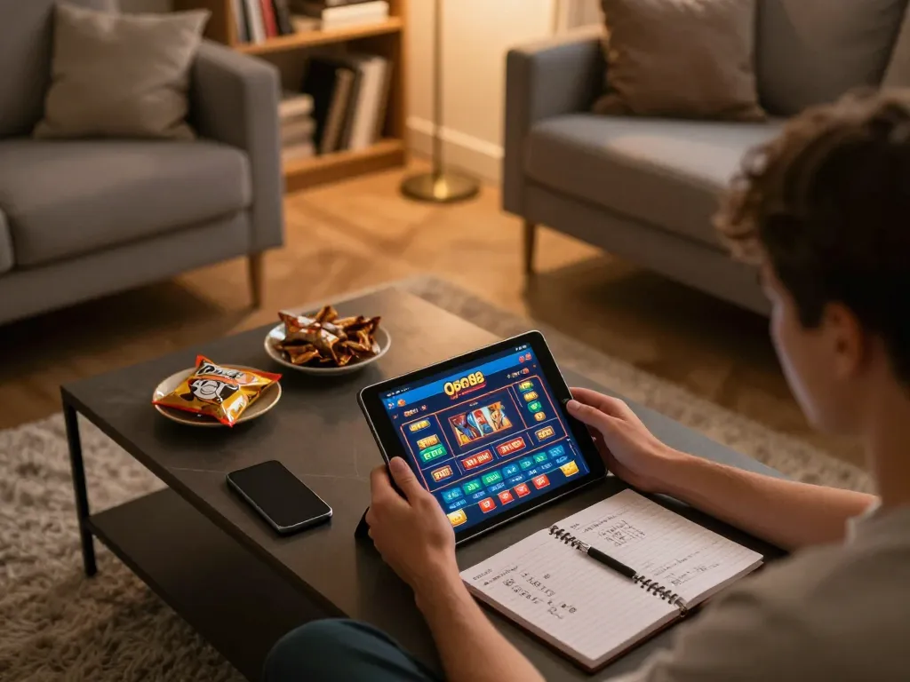 Engaged player using Open88 on a tablet in a cozy home setup with snacks and strategic notes.