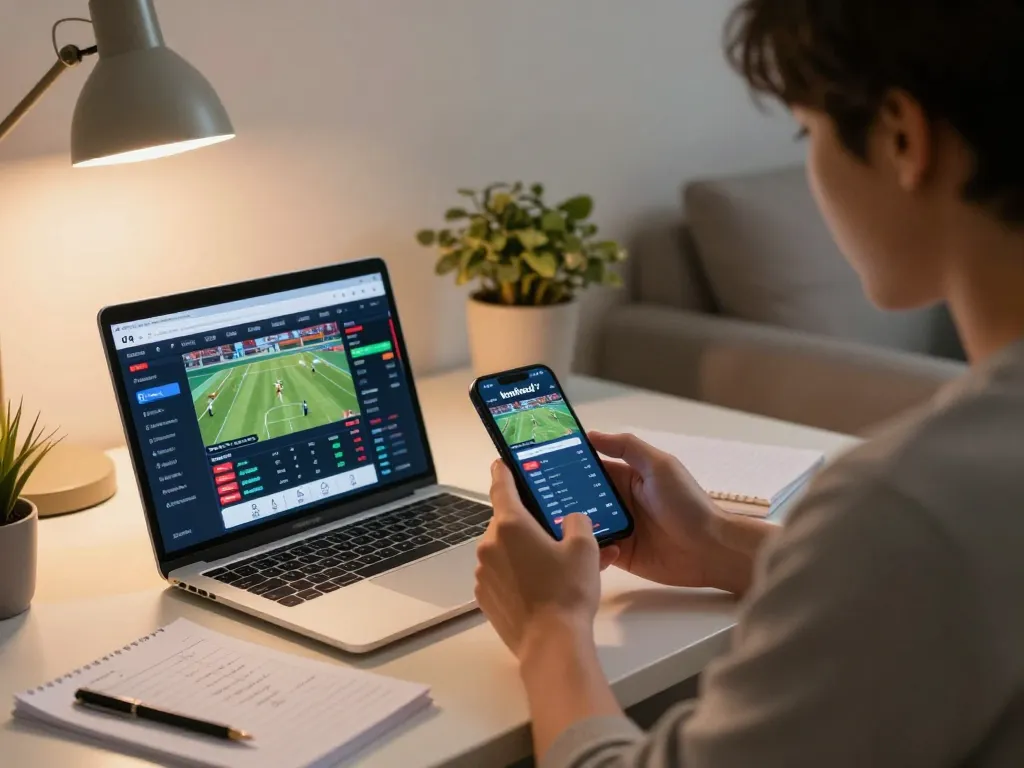 Engaged player using keonhacai tv app for sports betting at home with laptop and notes.