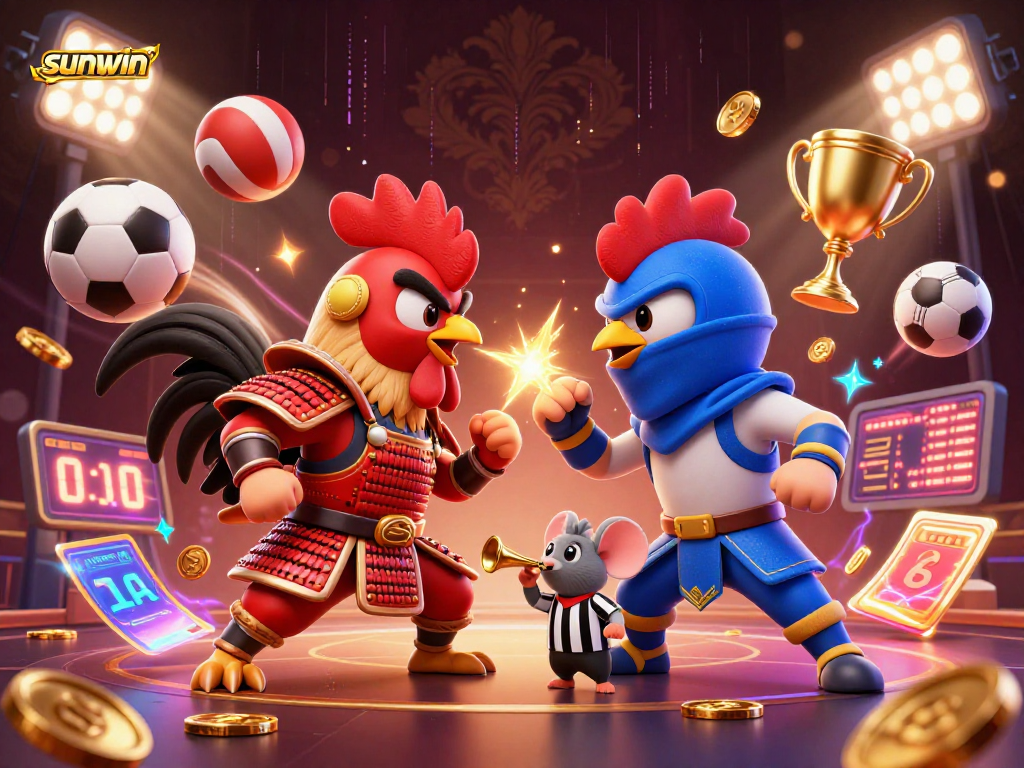 Experience intense moments with sunwin as cartoon roosters battle in a dynamic gambling scene.
