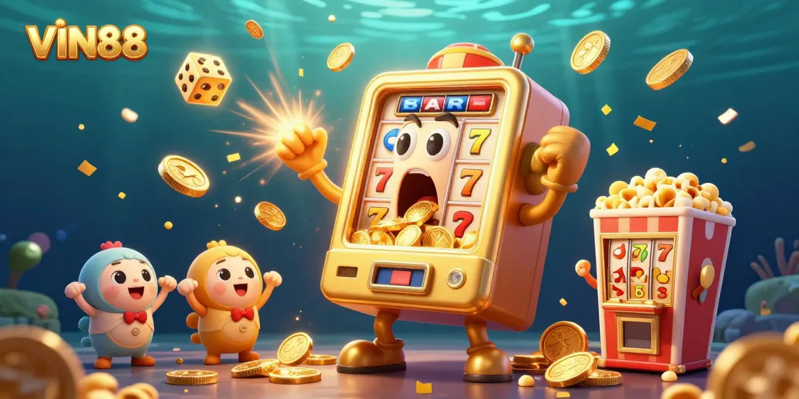 Celebrate wins with VIN88 as the joyful slot machine hits a jackpot, surrounded by cheering mini machines and golden sparks.