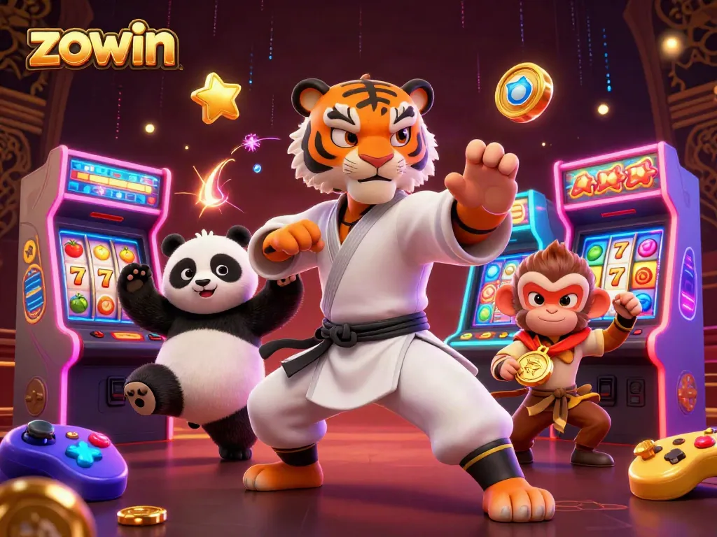 Zowin engages players with vibrant 3D gambling action featuring a kung fu tiger and arcade game elements.